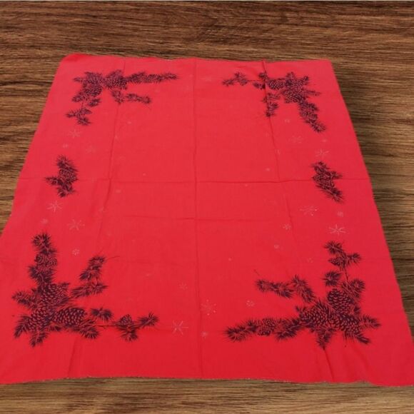 Vintage 50s California hand print red pine‎ cone print tablecloth MCM - Picture 9 of 9